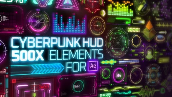 AE插件：赛博朋克HUD计算机数字显示未来信息图表科幻技术 Cyberpunk HUD Elements（3549）图层云