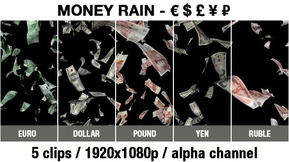 钱雨-欧元美元英镑卢布日元视频素材（含Alpha通道）（2919）