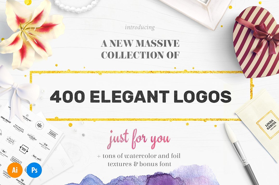 400枚英文标志素材包 Elegant Logo Bundle（内含标志设计纹理和元素）（2551）