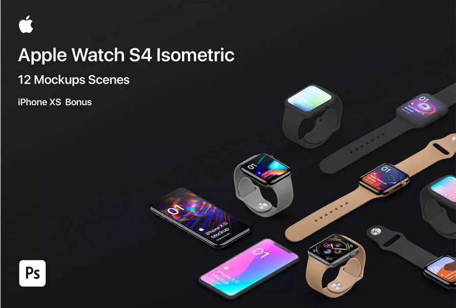 Apple Watch S4 12 高品质2.5D视角样机下载 [PSD]（2022）