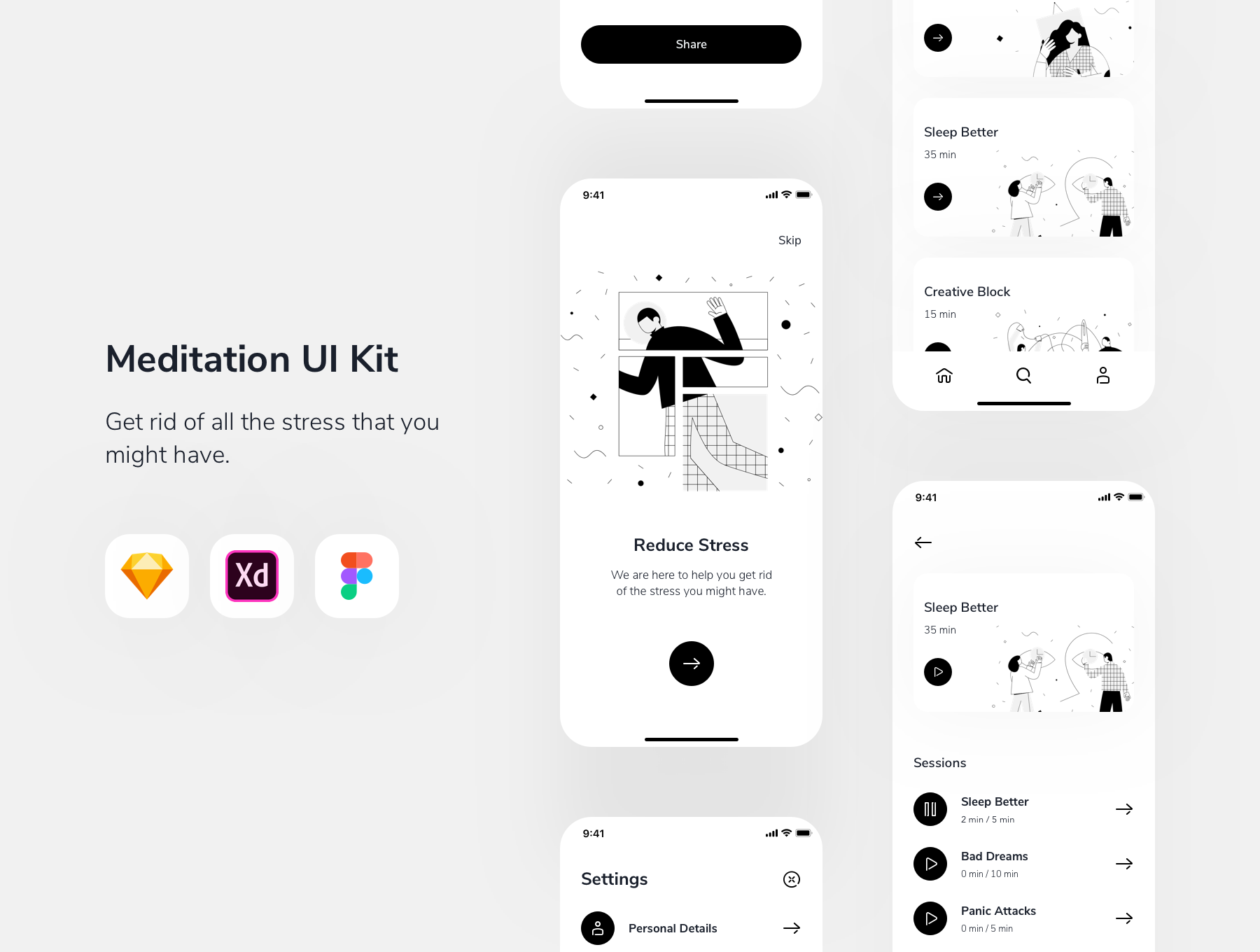 15+冥想深色品牌元素APP UI Relax.io 1.0 - Meditation App UI Kit（3062）