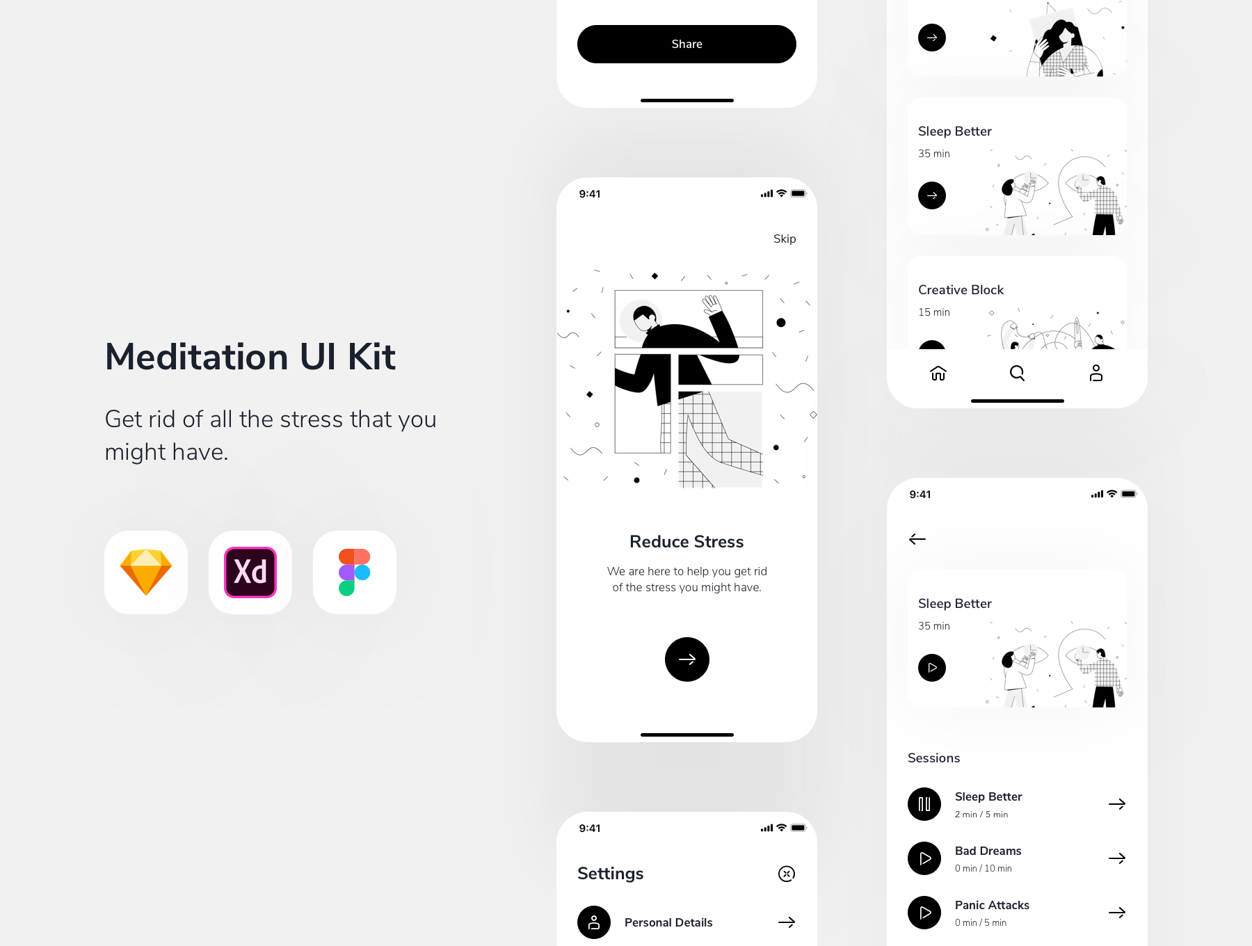 15+冥想深色品牌元素APP UI Relax.io 1.0 – Meditation App UI Kit（3062）