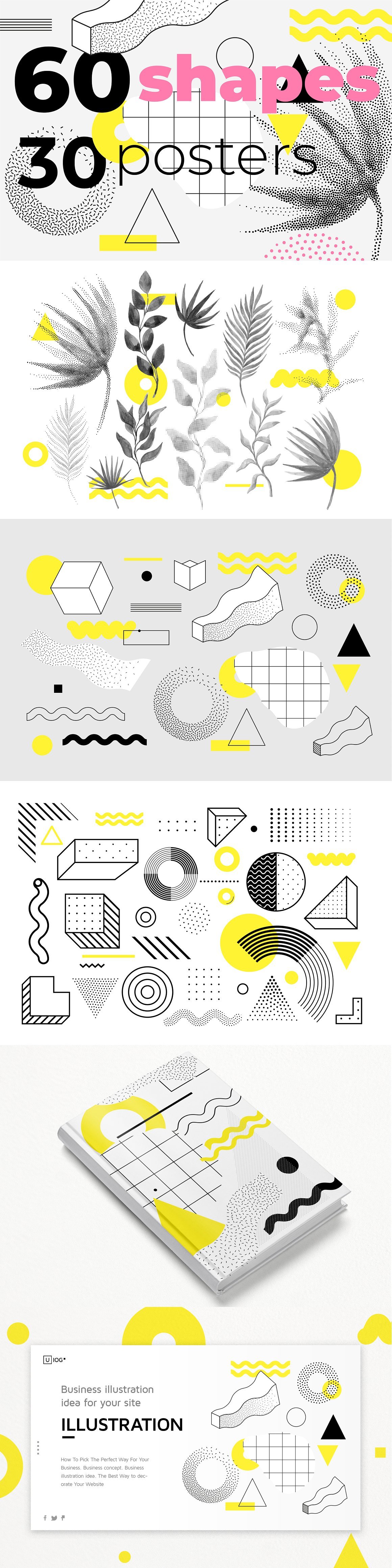 60种独特的现代风格几何形状矢量设计元素合集 60 geometric shapes, 30 posters（3400）