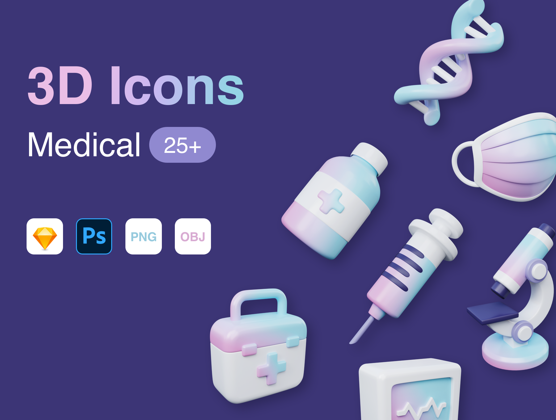 25+独特完全分层医疗图标白色彩色元素 OBJ，PSD，素描，PNG 3D Medical Icons（3529）图层云