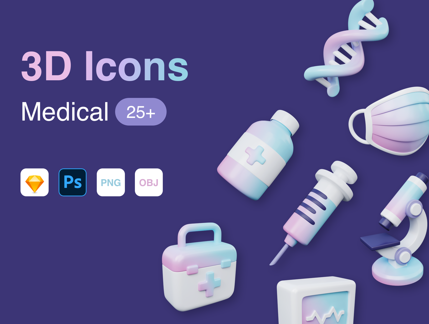 25+独特完全分层医疗图标白色彩色元素 OBJ，PSD，素描，PNG 3D Medical Icons（3529）