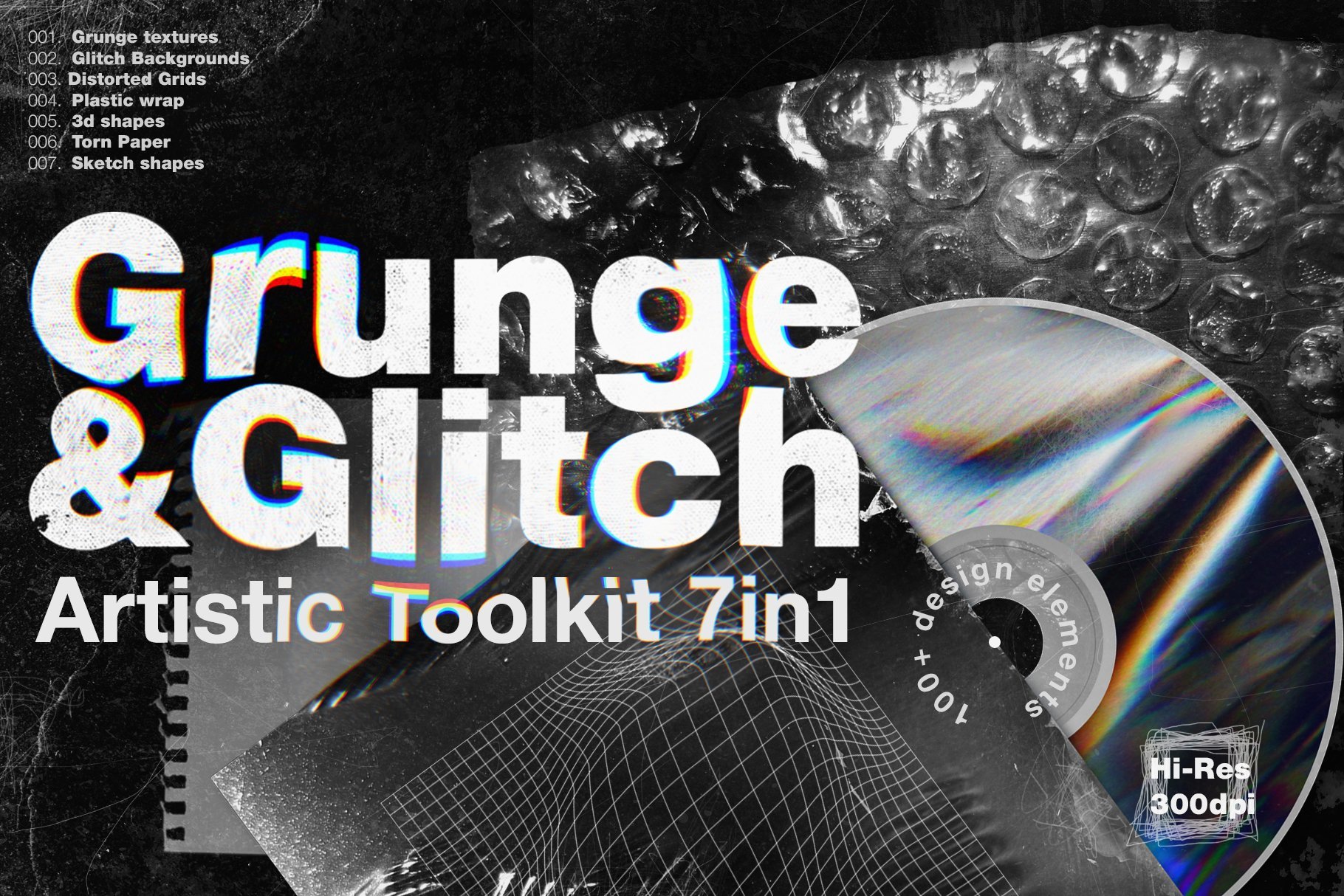 Grunge＆Glitch故障纹理扭曲背景素材工具箱（3388）