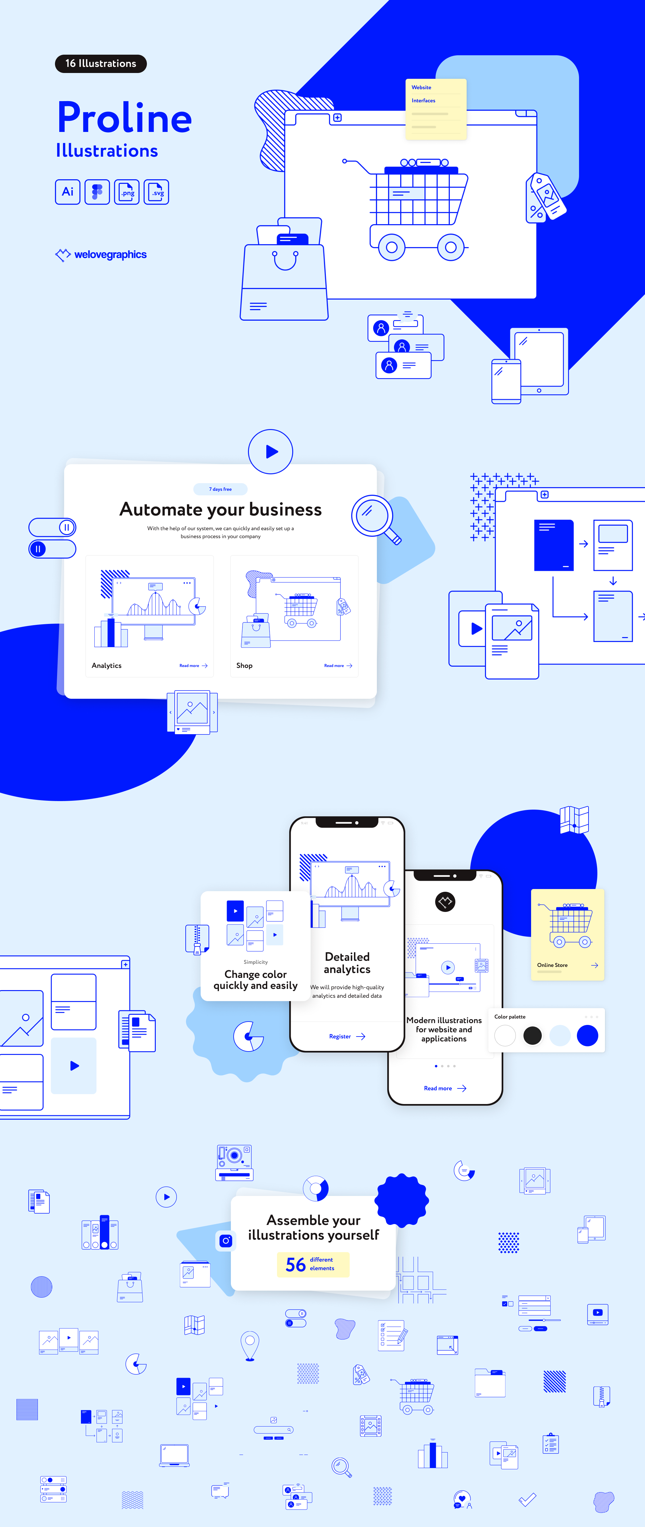 15个线性插图+56个元素网站演示文稿和应用程序插图 Proline Illustrations （3720）图层云