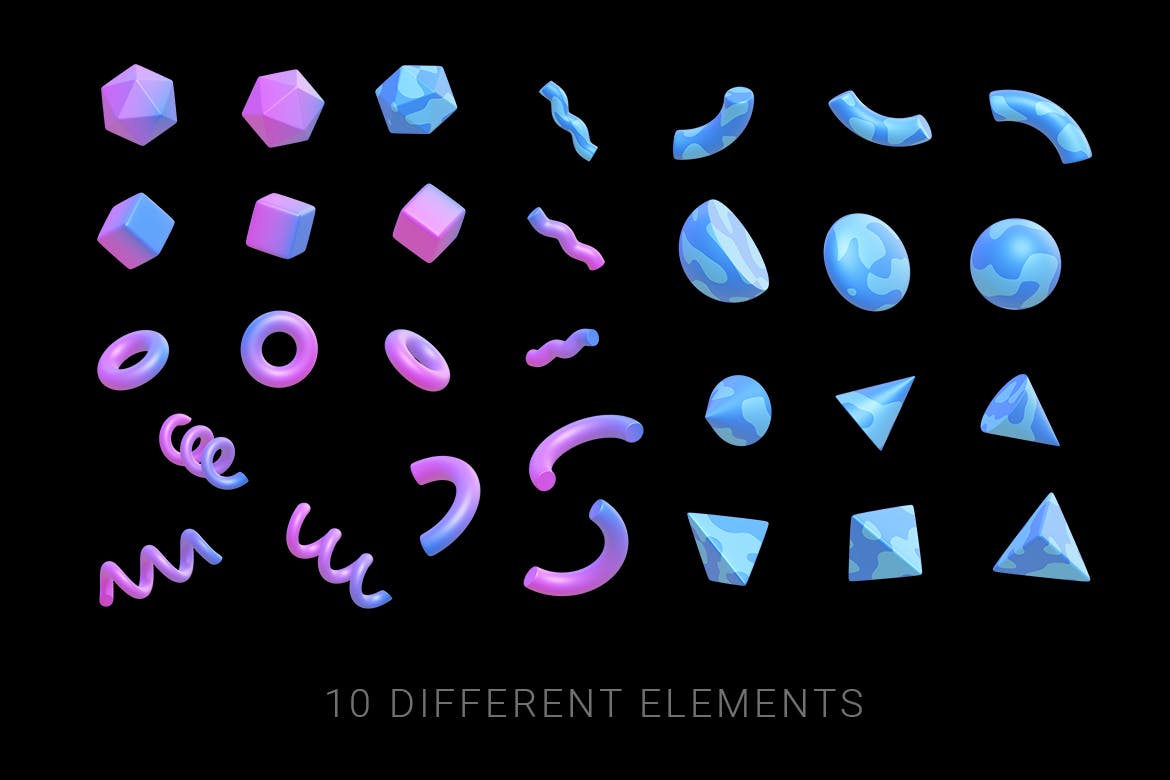 3d抽象多彩形状图标套件 Wowomnom - 3d primitives collection（3754）图层云3
