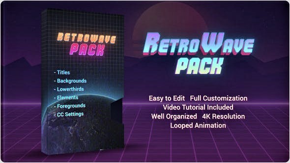 90年代复古潮流标题盒式磁带霓虹灯栏目包装背景AE模板素材 Retro Wave Pack（3847）