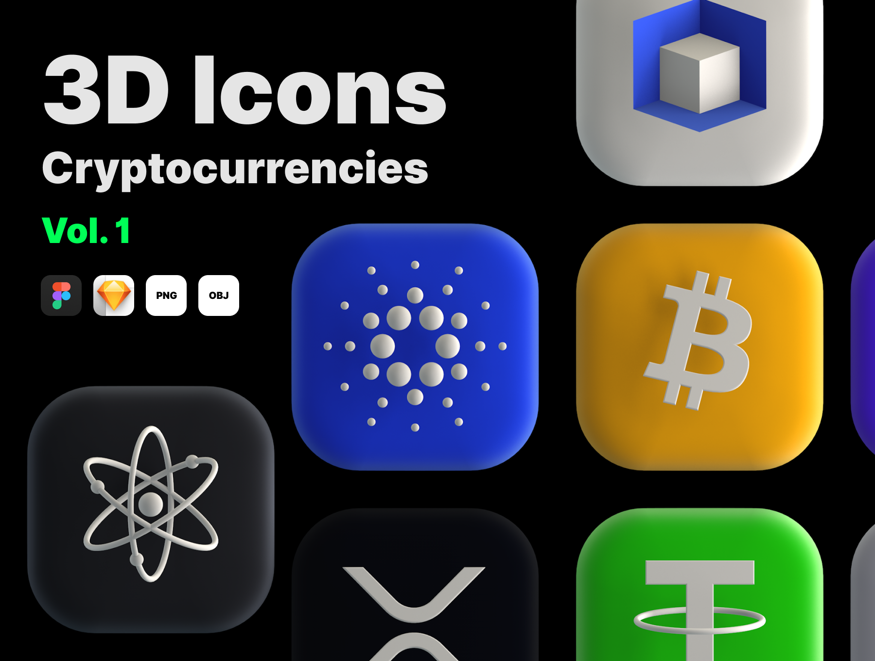 3D高分辨率金融数字币领域图标套件 3D Icons Cryptocurrencies Vol. 1（3872）