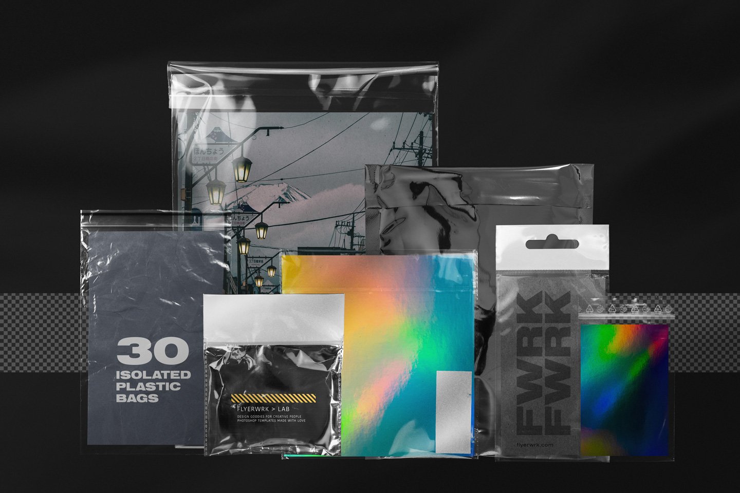 Flyerwrk 30个高分辨率褶皱潮流空塑料袋PNG物料设计展示样机模板  Isolated Empty Plastic Bags（3880）