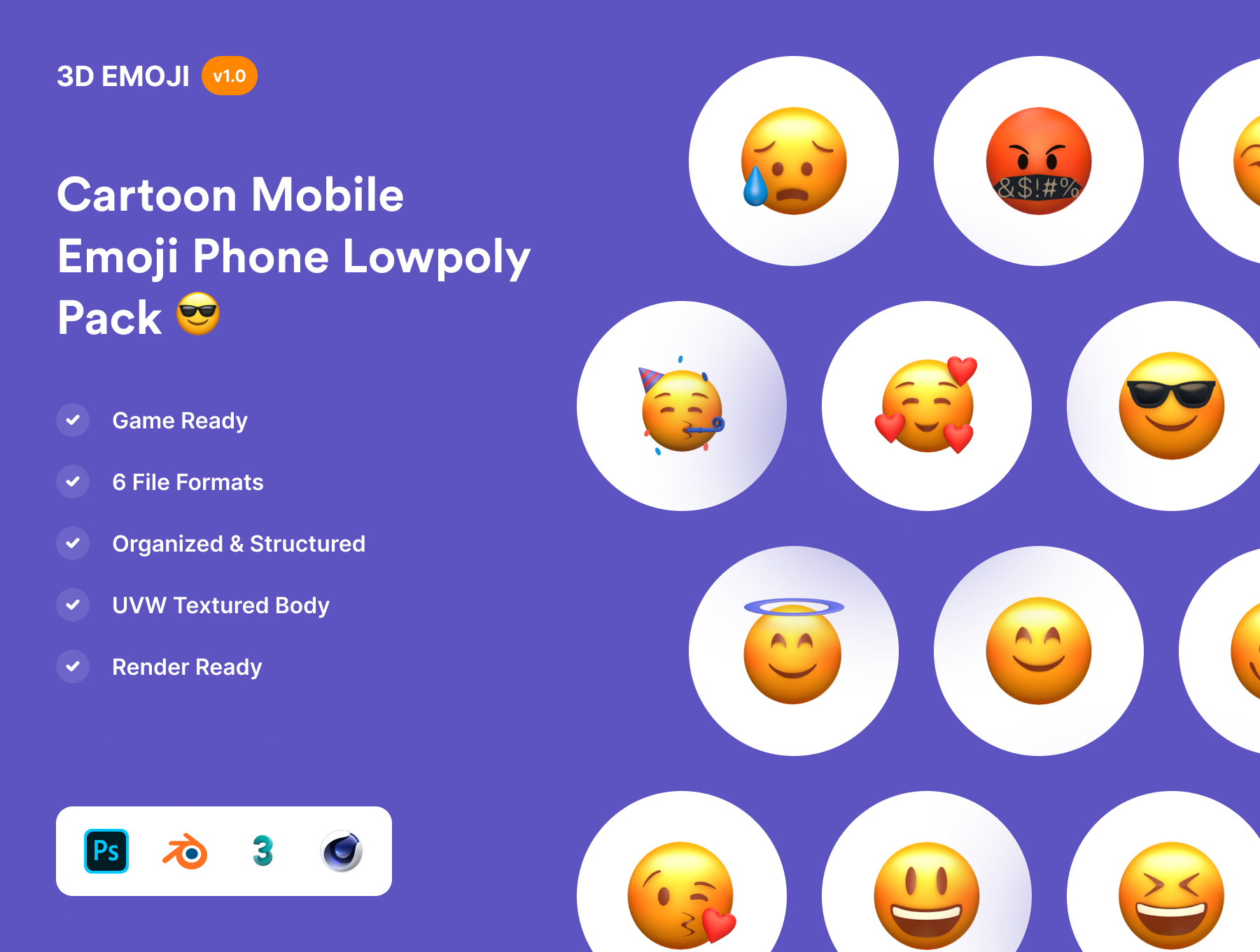 70个卡通手机表情符号Lowpoly套件包 Cartoon Mobile Emoji Phone Pack（3947）