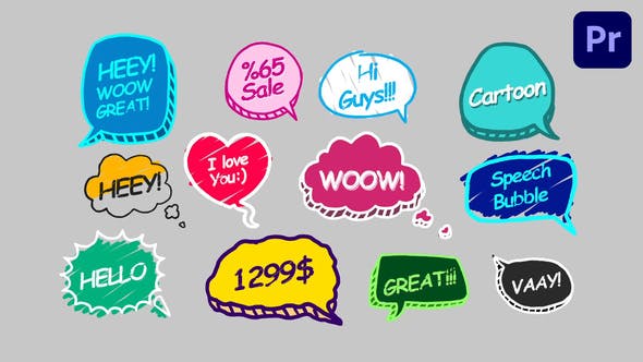 PR基本图形：12个综艺卡通有趣气泡花字标题动画 Speech Bubbles（3975）
