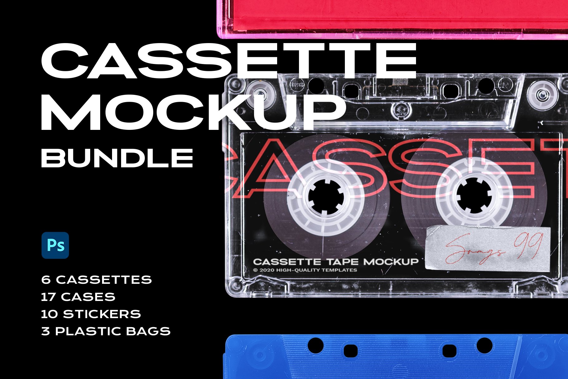 高级潮流复古盒式磁带样机捆绑塑料PSD模板 Cassette Tape Mockup Bundle Plastic（3994）