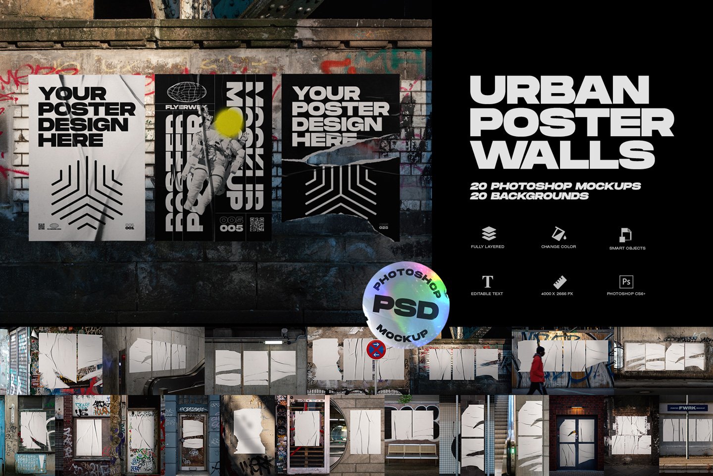 Flyerwrk 潮流4K城市竖屏海报墙模型PSD模板 Urban Poster Wall Mockups（3997）