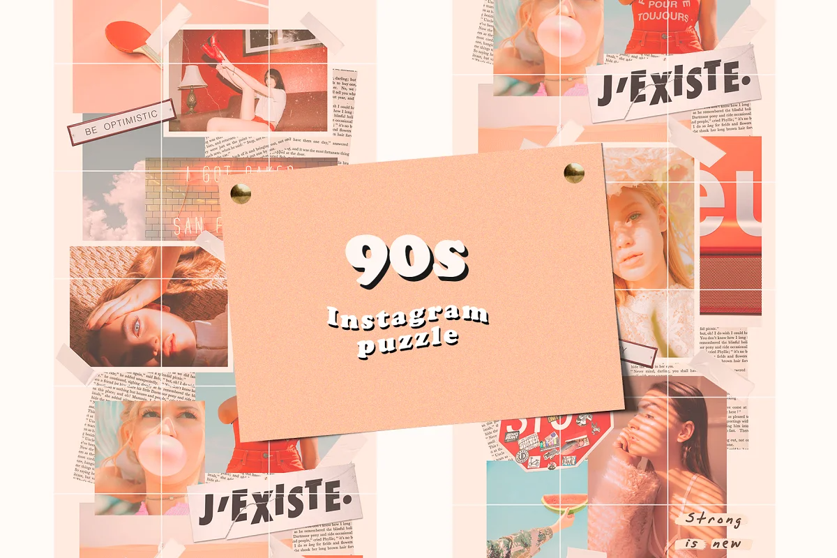90年代复古风潮怀旧管道胶带装饰元素Instagram 拼图模板 90s Instagram Puzzle Template（4089）图层云1