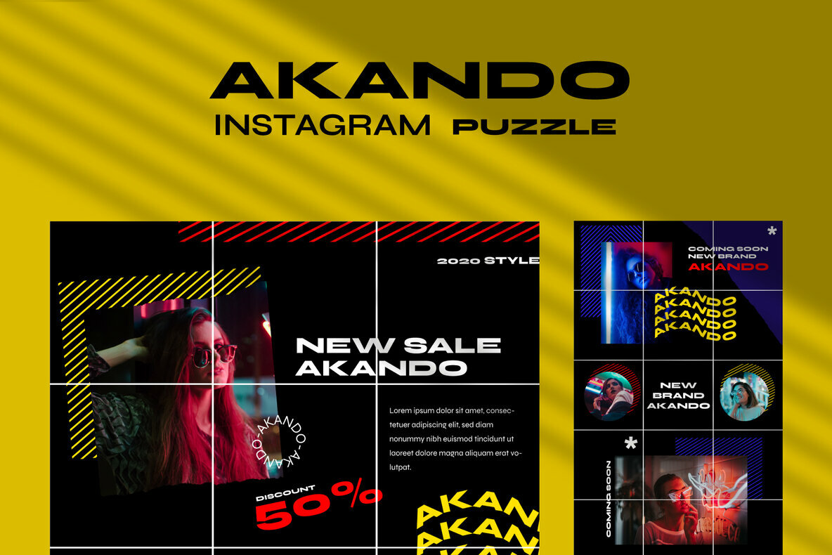潮流现代朋克风霓虹竖屏错版文字PSD模板 Akando - Puzzle Instagram Template（4100）图层云