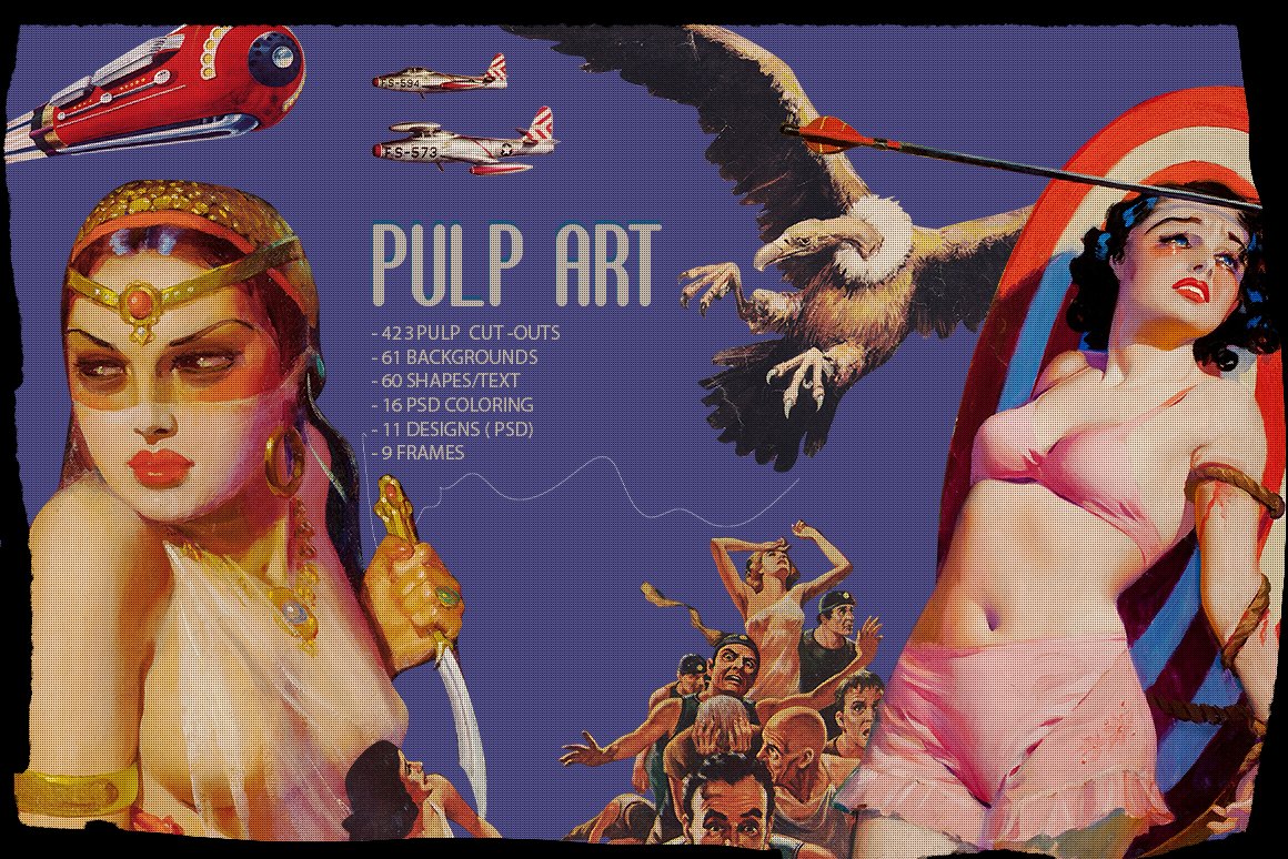 PULP ART 高质量复古美式波普艺术风格外太空外星人科幻漫画剪贴画素材 Collage Cut-Outs（5017）图层云