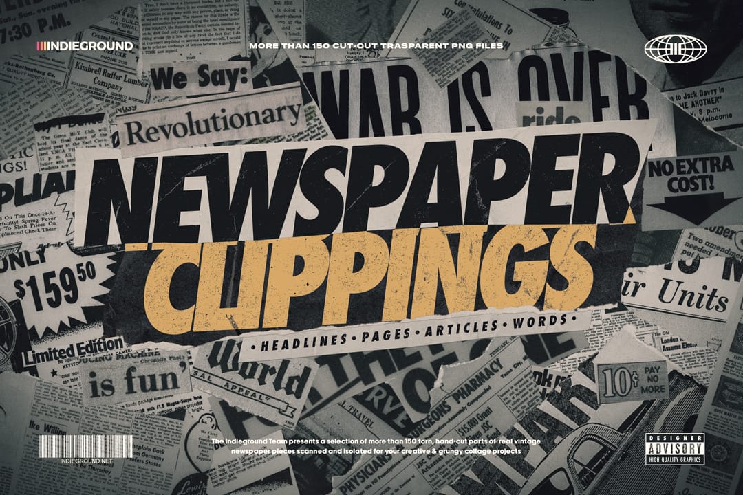 Indieground 155个复印旧报纸手工切割艺术排版剪纸拼贴PNG素材 NEWSPAPER CLIPPINGS（5043）