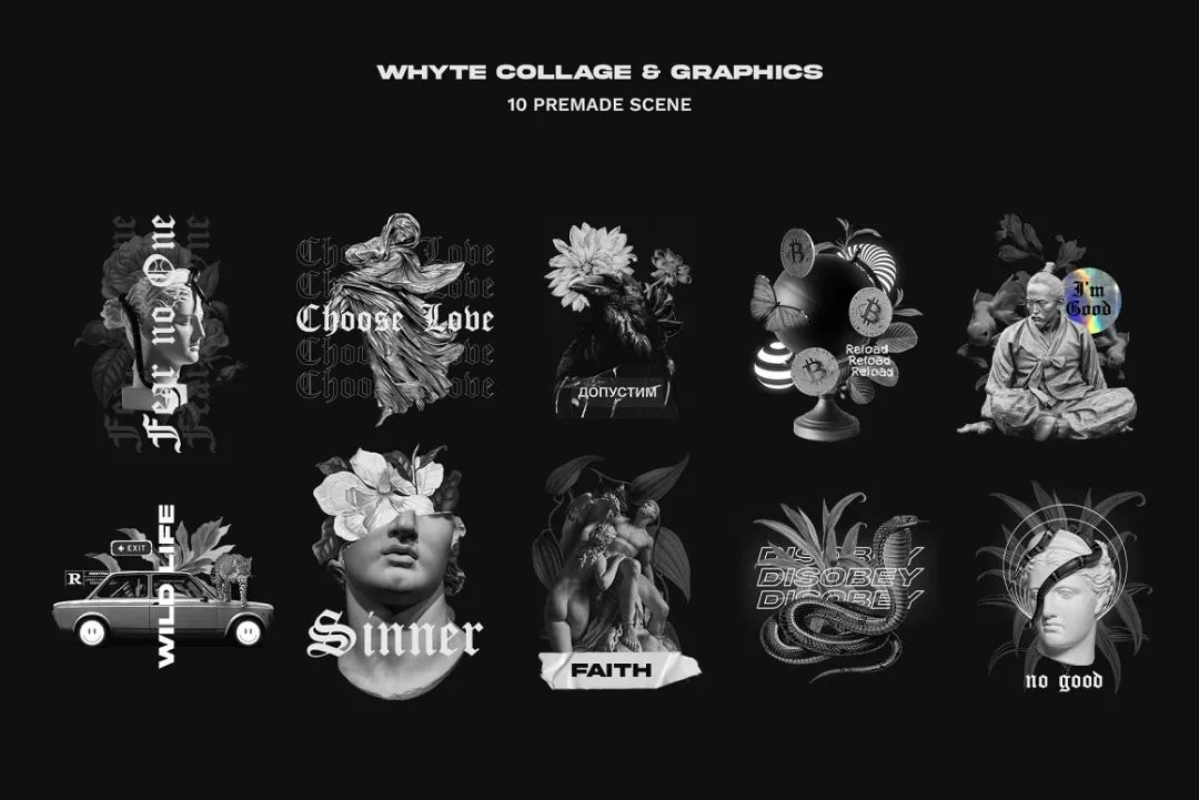 WHYTE 270个复古人物花卉雕塑动物拼贴画切口贴纸素材合集 Collage & Graphics（4941）图层云