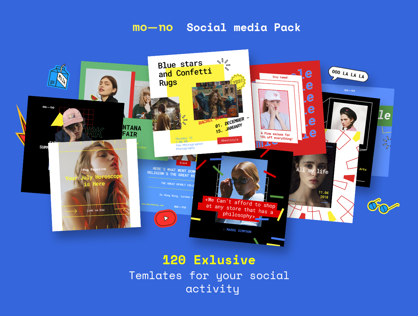130个高级创意彩色大胆艺术魅力INS封面设计PSD模板 Mono Social Media Kit（5190）