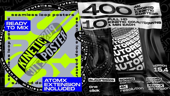 AE插件：AtomX 野蛮抽象大胆商业动力学循环无缝错版文字排4K循环海报破解版 Seamless Loop Kinetic Posters V15.4（5285）图层云