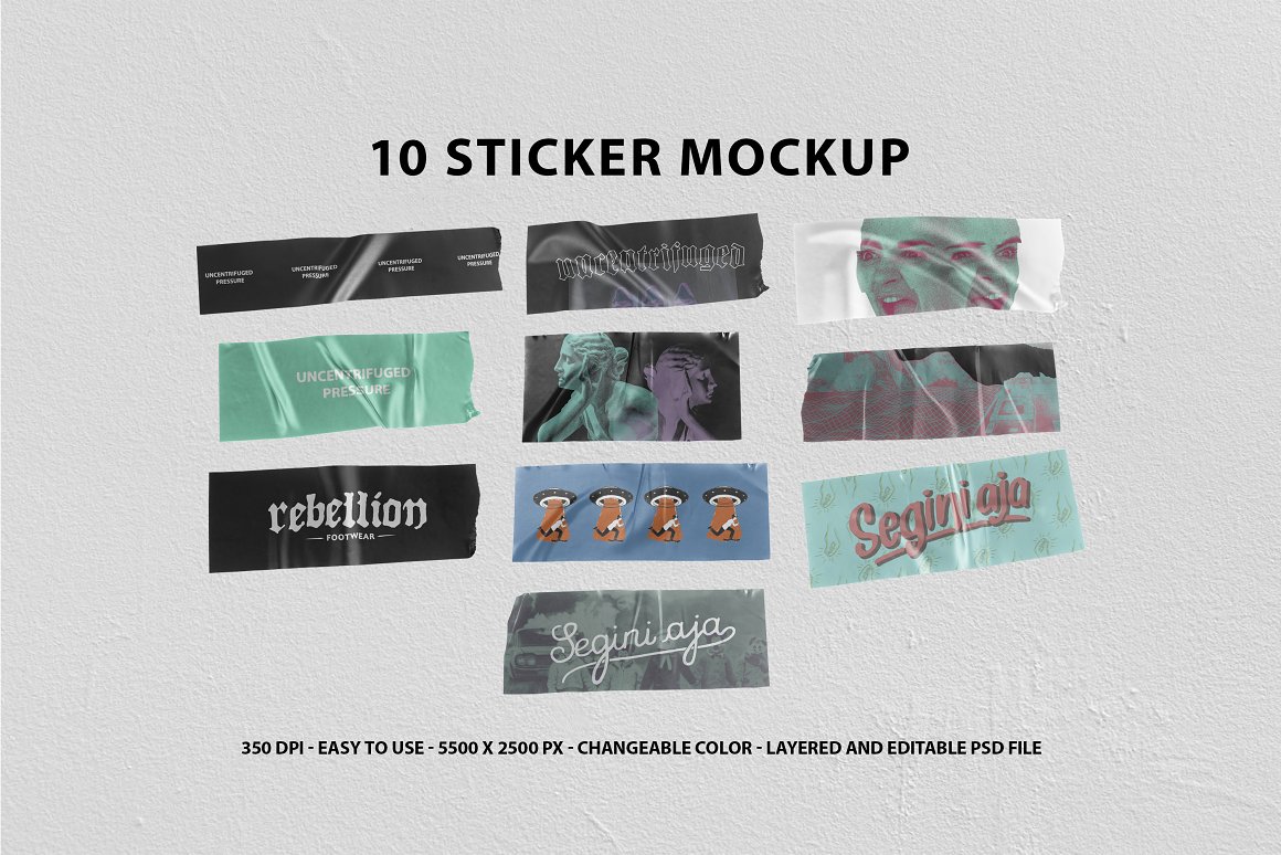高分辨率艺术美学手工剪切做旧贴纸  10 Realistic Sticker Mockup（5308）