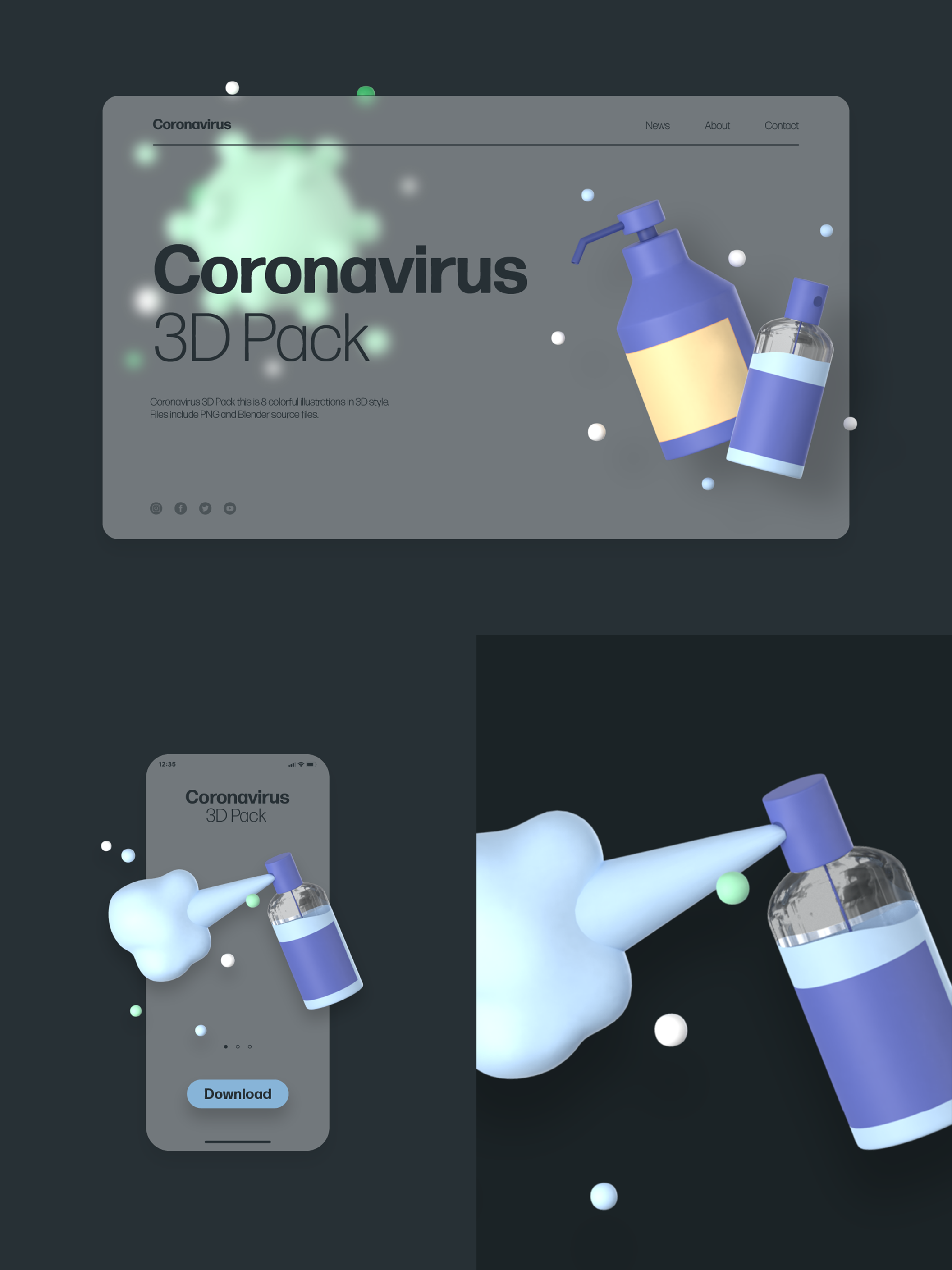 彩色冠状病毒3D图标包  Coronavirus 3D Pack（6113）图层云3