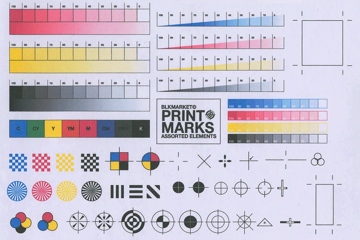 Blkmarket 81款极简印刷商标注册色标规范图标AI矢量设计素材 Print Marks – 80+ Assets（6209）