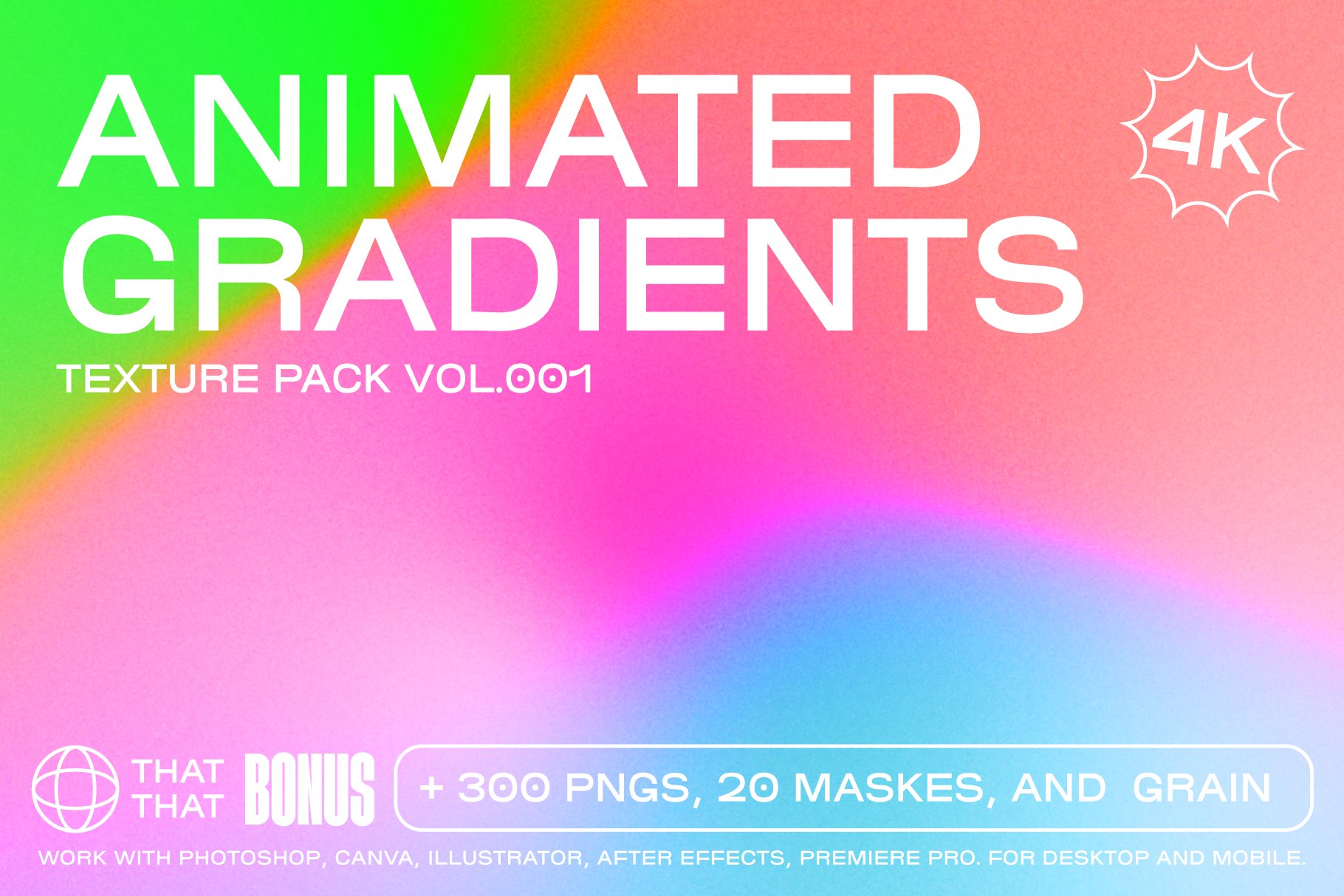 动态艺术多彩4K弥散颗粒感动画渐变纹理叠加视频+PNG素材包 Animated Gradient Texture Pack（6253）