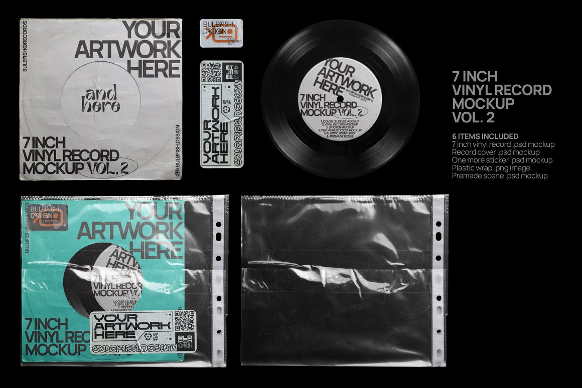 BULBFISH 独特复古塑料撕纸7英寸黑胶唱片封面场景创建者PSD模型  7 Inch Vinyl Record（6272）图层云