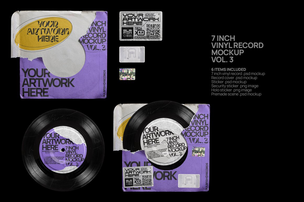 BULBFISH 独特复古塑料撕纸7英寸黑胶唱片封面场景创建者PSD模型  7 Inch Vinyl Record（6272）图层云