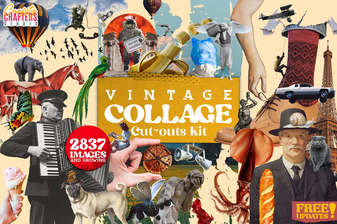 Craftsy Crafters 2837个复古手工剪裁拼贴艺术定格杂志人物植物动物背景PNG素材包 Vintage Collage Kit 2837+ Elements（6297）