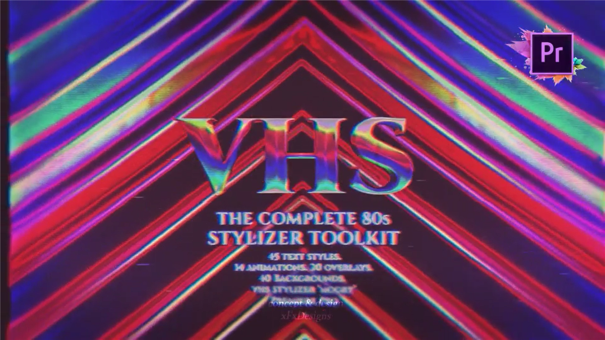 PR预设：80年代蒸汽波风复古霓虹灯氛围VHS叠加视频素材包+文本工具（6323）图层云