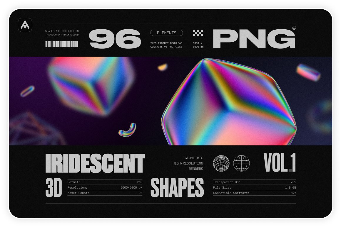 Samolevsky 96个高分辨率活力抽象多色彩虹渐变几何3D形状元素海报背景包 Iridescent geometric 3D shapes VOL.1（6855）