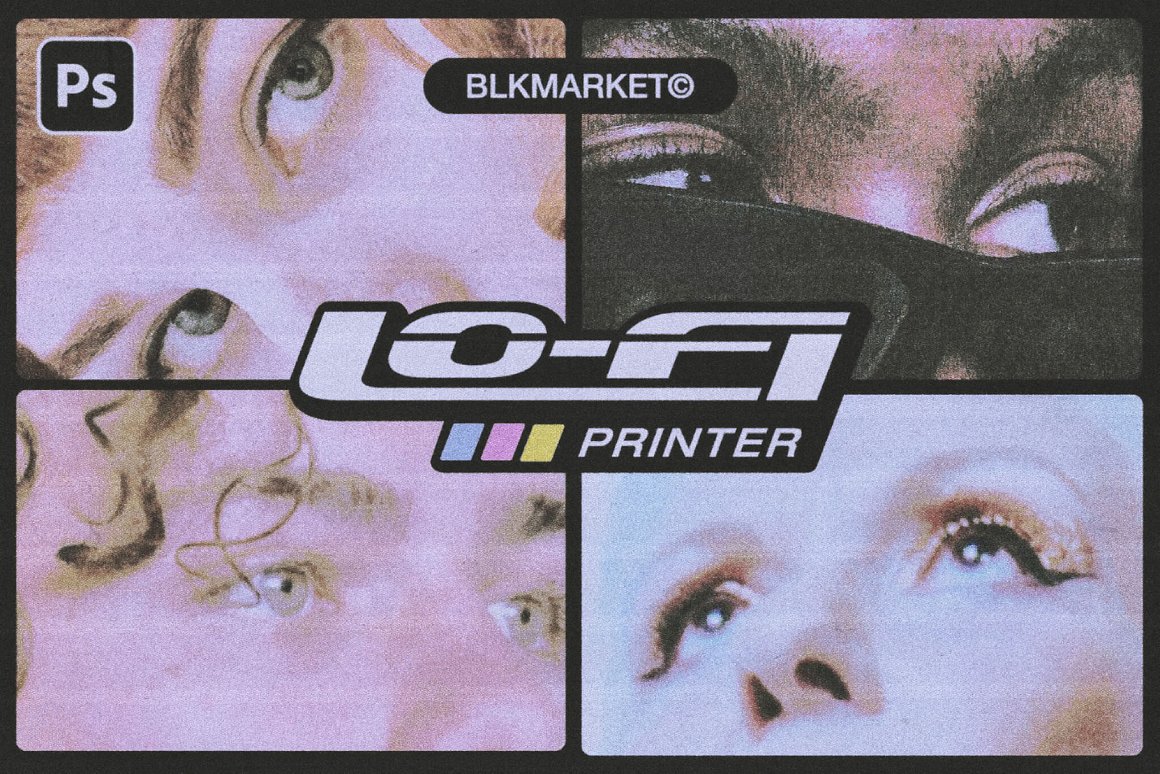 Blkmarket 80年代复古杂志低保真度打印效果套件PSD样机 Lo-Fi Printer（6292）