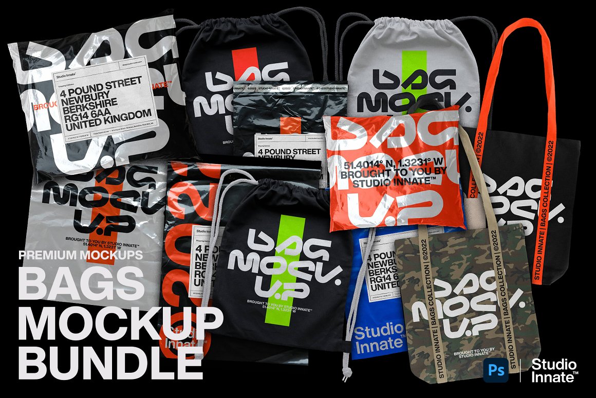 Studio Innate 新潮抽绳运动包手提包塑料袋品牌印花物料PSD模板 Bags - Mockup Bundle（6881）