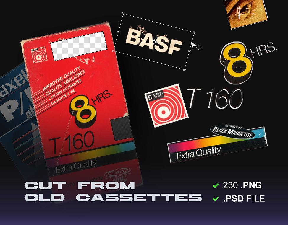 Vlad Zuy 230多个复古VHS盒式磁带全息贴纸徽标标签二维码纸张PNG素材包 230+ VHS Cassette Elements（6884）图层云