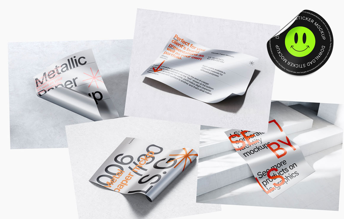 LS 新潮简约逼真金属纸质感扭曲单页海报设计作品贴图PSD模型样机 Metallic Paper Mockups（6895）