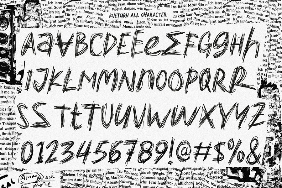 Kvltura 嘻哈风格炫酷黑白摇滚杂志手绘线条英文字体包 Unbored Scribbles Font（6949）图层云9
