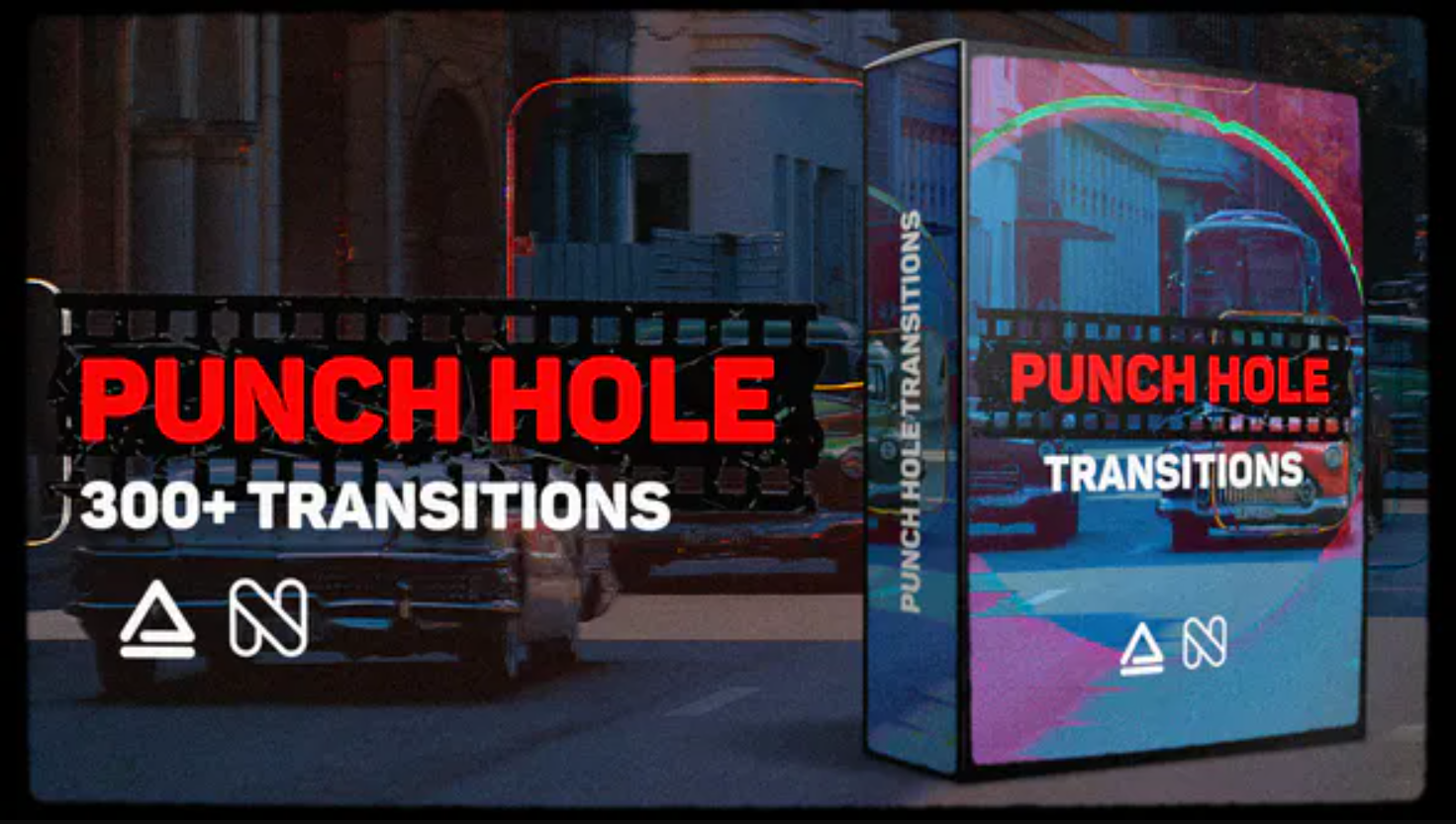 AE脚本：300多个复古胶片薄膜字母打孔划痕故障纹理电影转场过渡 Punch Hole Transitions Library（6366）