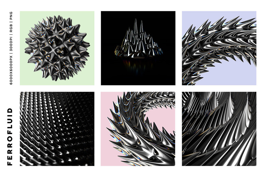 RuleByArt 酸性未来科幻立体三维3D金属有机尖齿异形酸性设计风格PNG设计素材 Ferrofluid Abstract Textures（6962）图层云