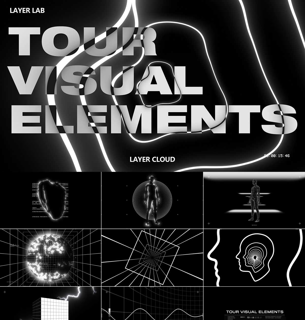 Happy Editing —  TOUR VISUAL ELEMENTS 200多个复古美学4K黑白科幻几何抽象灵感运动元素纹理循环电影音乐MV视频素材包（6888）