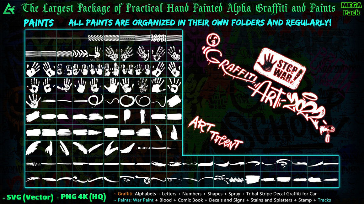 ARTSTATION 1850个嘻哈创意4K手绘字母数字形状喷雾涂鸦油漆贴花元素包 1850 Hand Painted Alpha Graffiti, Paints & Decals (MEGA Pack) - Vol 12（6984）图层云4