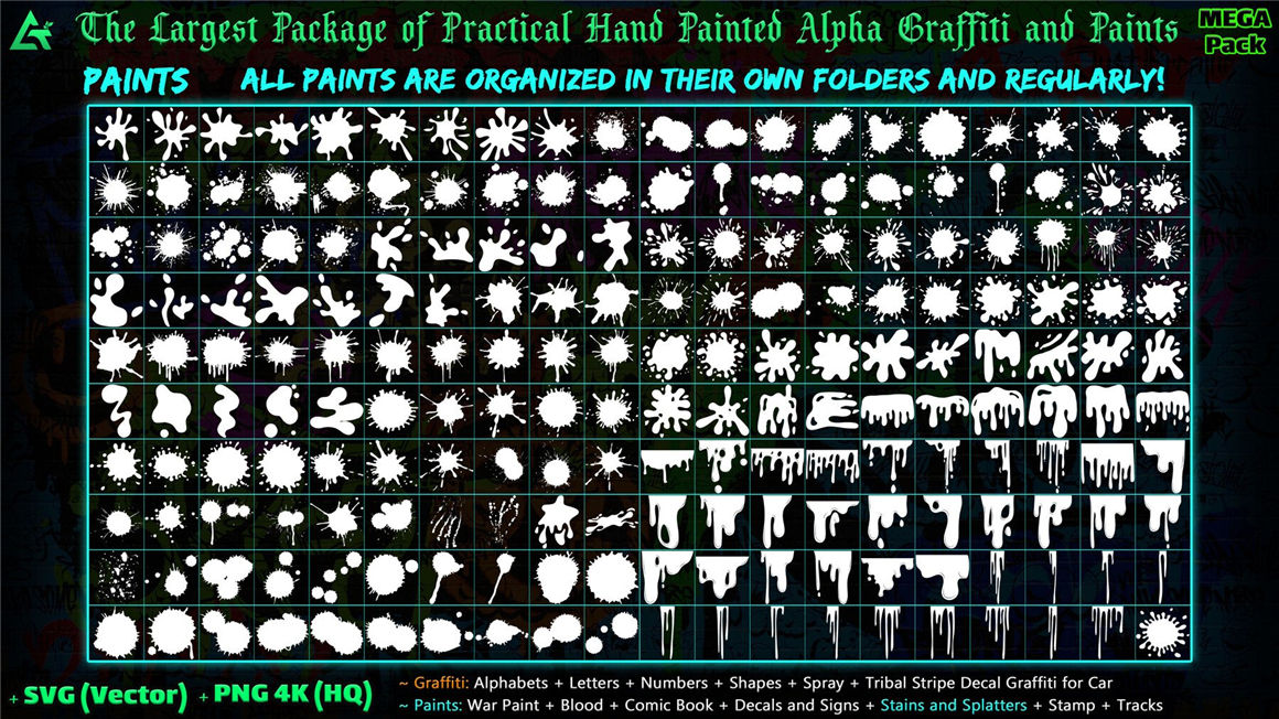 ARTSTATION 1850个嘻哈创意4K手绘字母数字形状喷雾涂鸦油漆贴花元素包 1850 Hand Painted Alpha Graffiti, Paints & Decals (MEGA Pack) - Vol 12（6984）图层云12