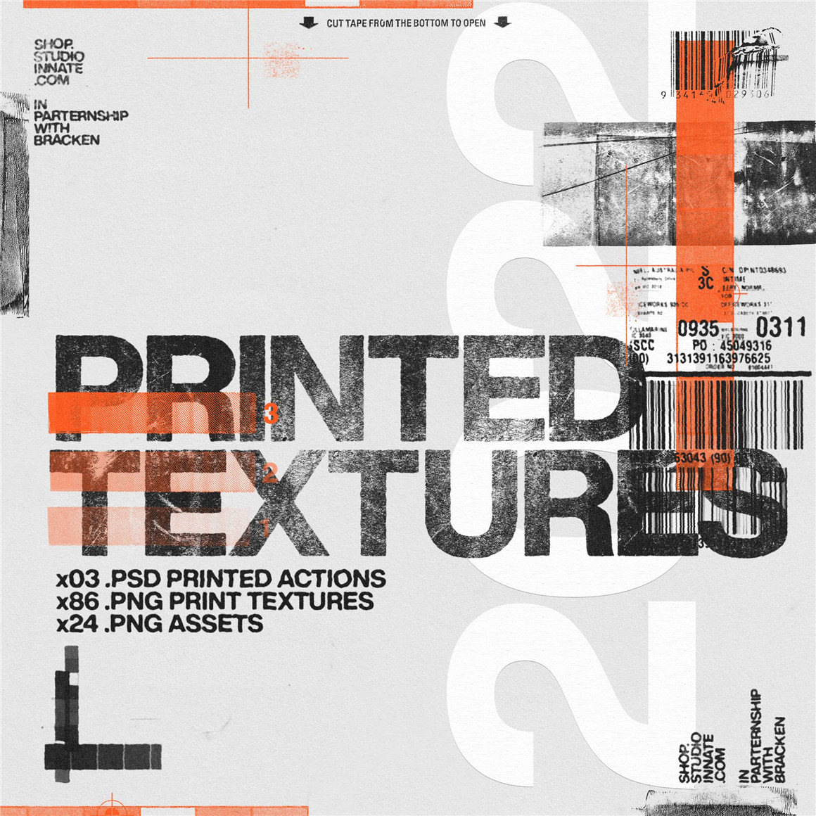 Studio innate 100个复古滚筒真实油墨印刷做旧打印肌理排版标记PNG+PS动作肌理套件 Printed Textures（7045）