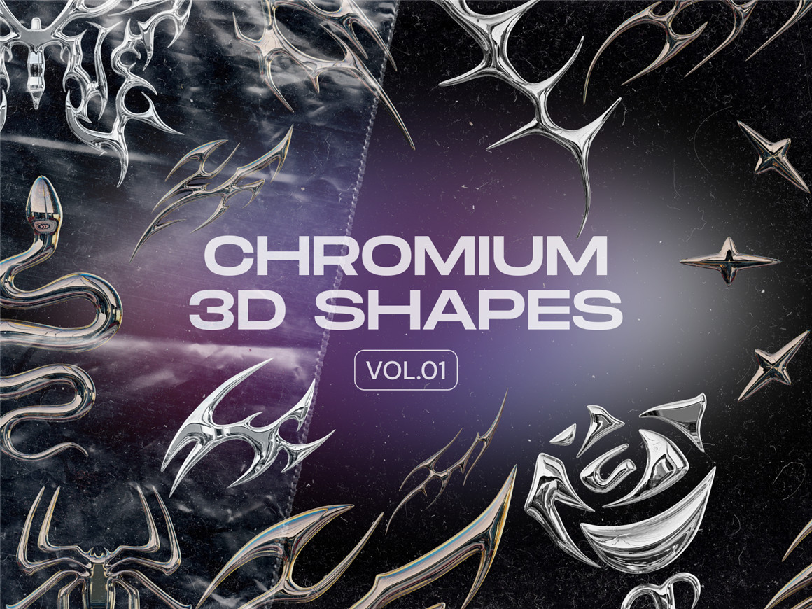Craftwork 暗黑金属抽象艺术酸性镀铬形状3D插图海报PNG+3D模型素材包  Chromium（7091）图层云
