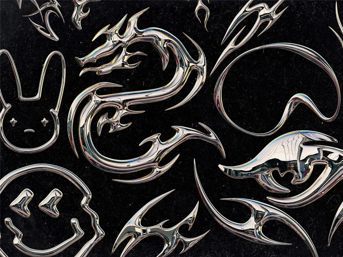 Craftwork 暗黑金属抽象艺术酸性镀铬形状3D插图海报PNG+3D模型素材包  Chromium（7091）图层云