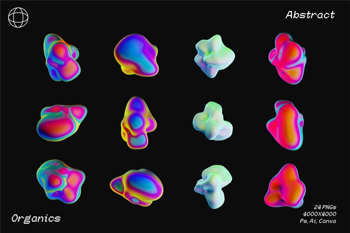IRIDESCENT 60个趣味活力3D抽象颗粒感渐变液体斑点形状海报背景素材包 3D ORGANIC SHAPES（7102）图层云