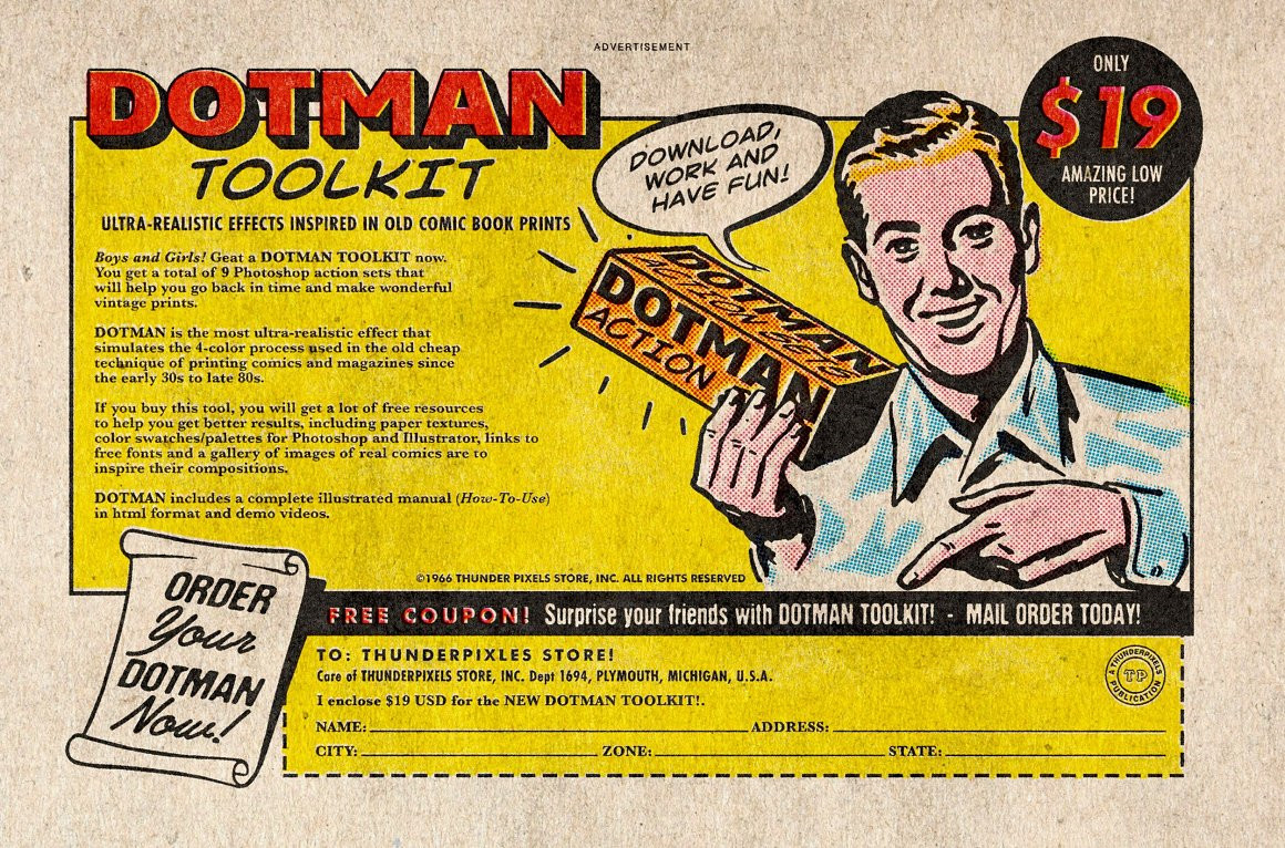 DotMan ToolKit 80年代复古美学波普艺术漫画半色调纸质扫描印刷墨迹纹理包  Vintage Comic Effects（7112）图层云
